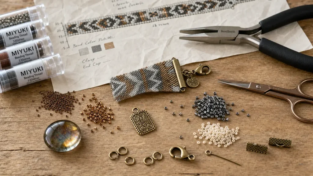 Perles et accessoires pour fabriquer des bijoux : apprêts et cabochon sur table en bois