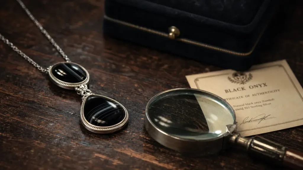 Pierre onyx noire polie pour protection, collier argent, loupe et certificat