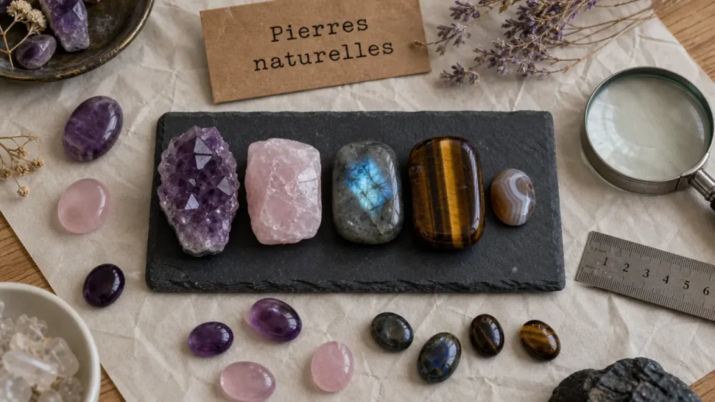 Pierres naturelles : échantillons de pierres minérales (améthyste, quartz rose, labradorite, œil de tigre, agate)