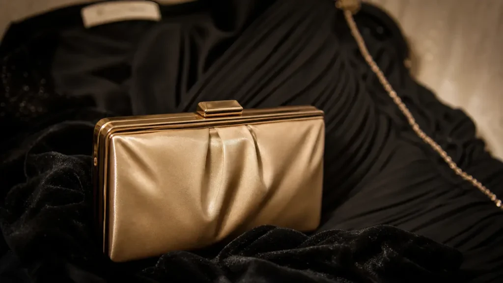 Pochette or champagne sur velours noir, gros plan