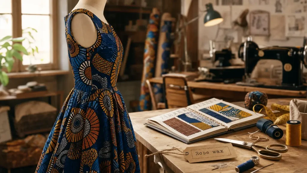 Robe africaine wax en atelier, motifs graphiques sur tissu