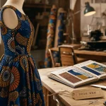 Robe africaine wax en atelier, motifs graphiques sur tissu