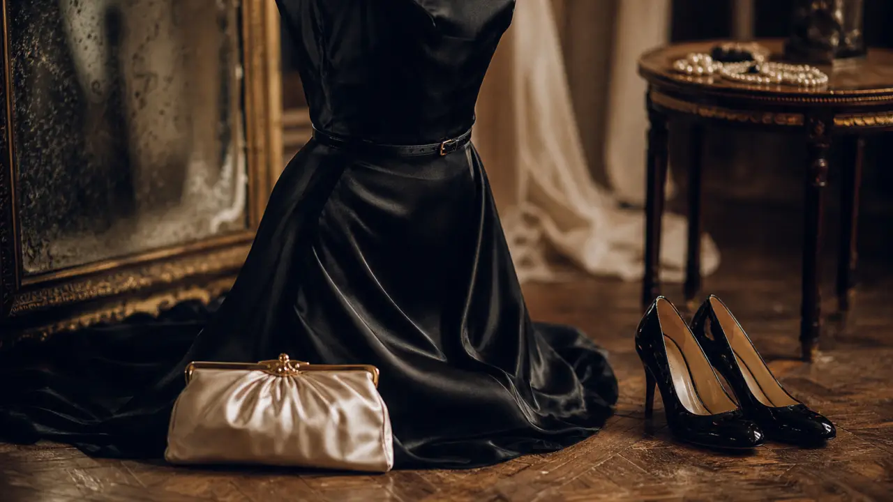 Robe des annee 30 en satin noir, perles et coupe fluide
