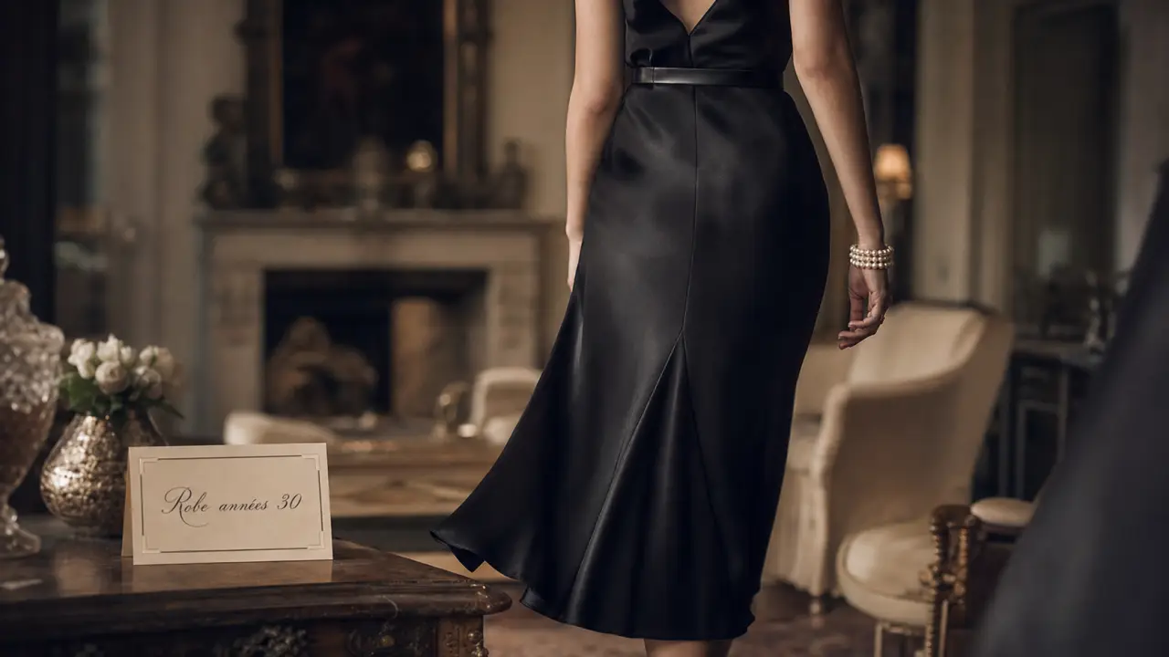 Robe des annee 30 satin noir fluide avec perles