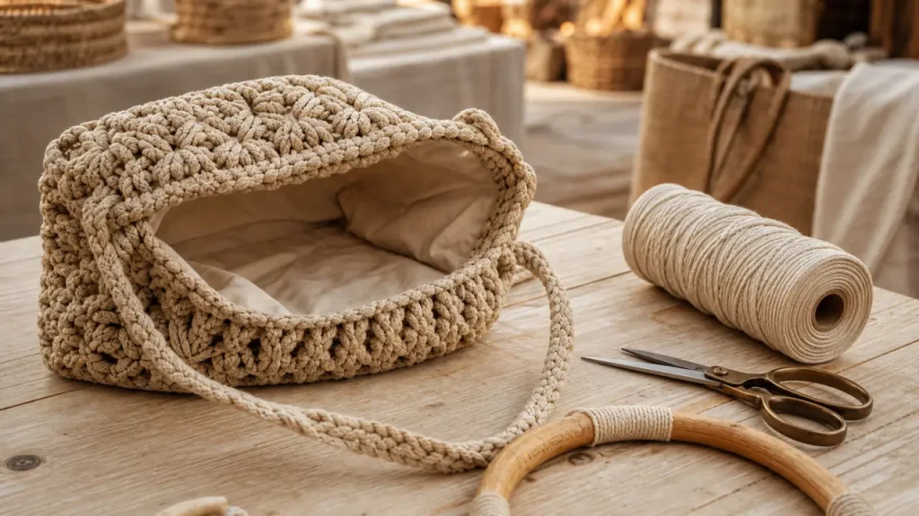 Sac macramé beige et écru sur table : bandoulière, cabas ou filet au quotidien