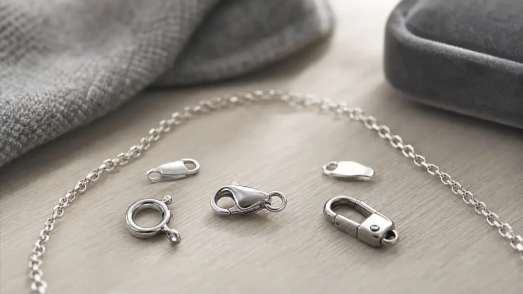 Types de fermoir collier : mousqueton, toggle, magnétique, macro fermoirs métalliques