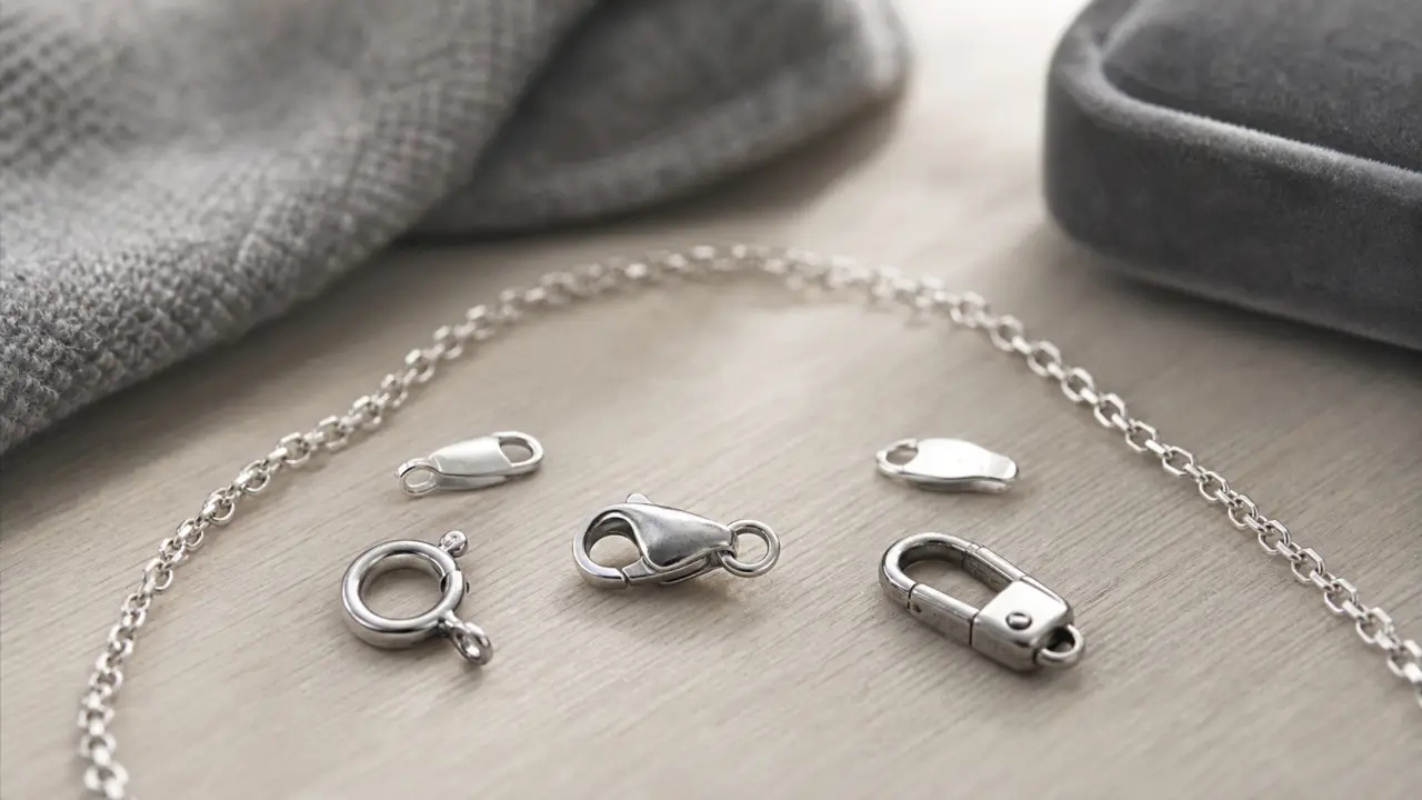 Types de fermoir collier : mousqueton, toggle, magnétique, macro fermoirs métalliques