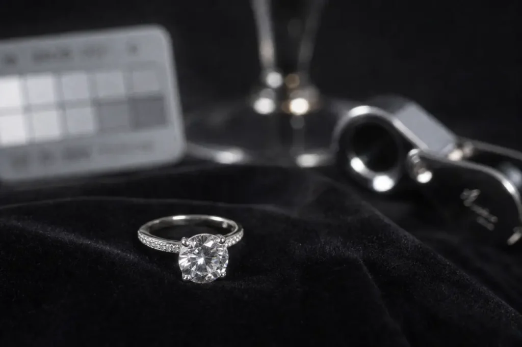 Zircone cubique : bague sertie d’une pierre transparente sur velours noir