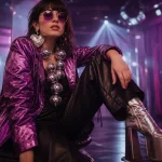 Accessoires disco femme : lunettes rondes et collier boule à facettes années 70
