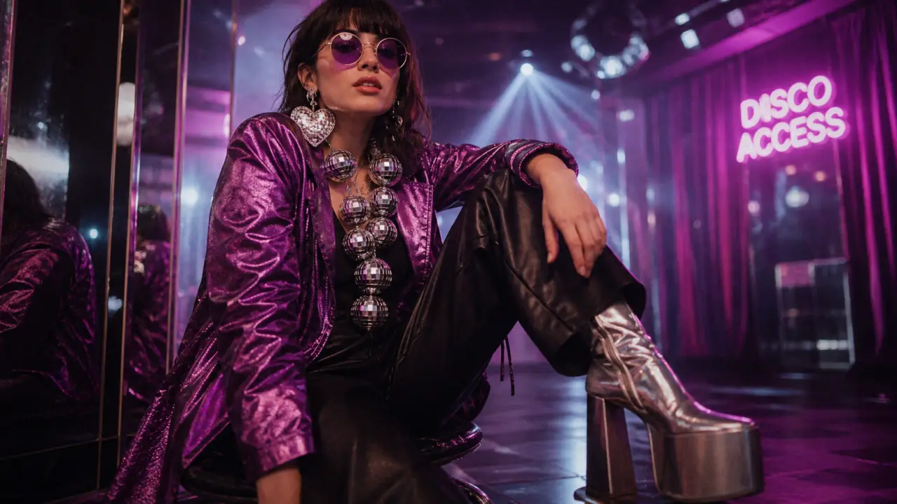 Accessoires disco femme : lunettes rondes et collier boule à facettes années 70