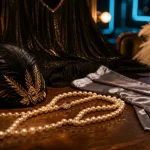 Accessoires gatsby femme : bandeau à plumes, collier de perles et gants satin années 20
