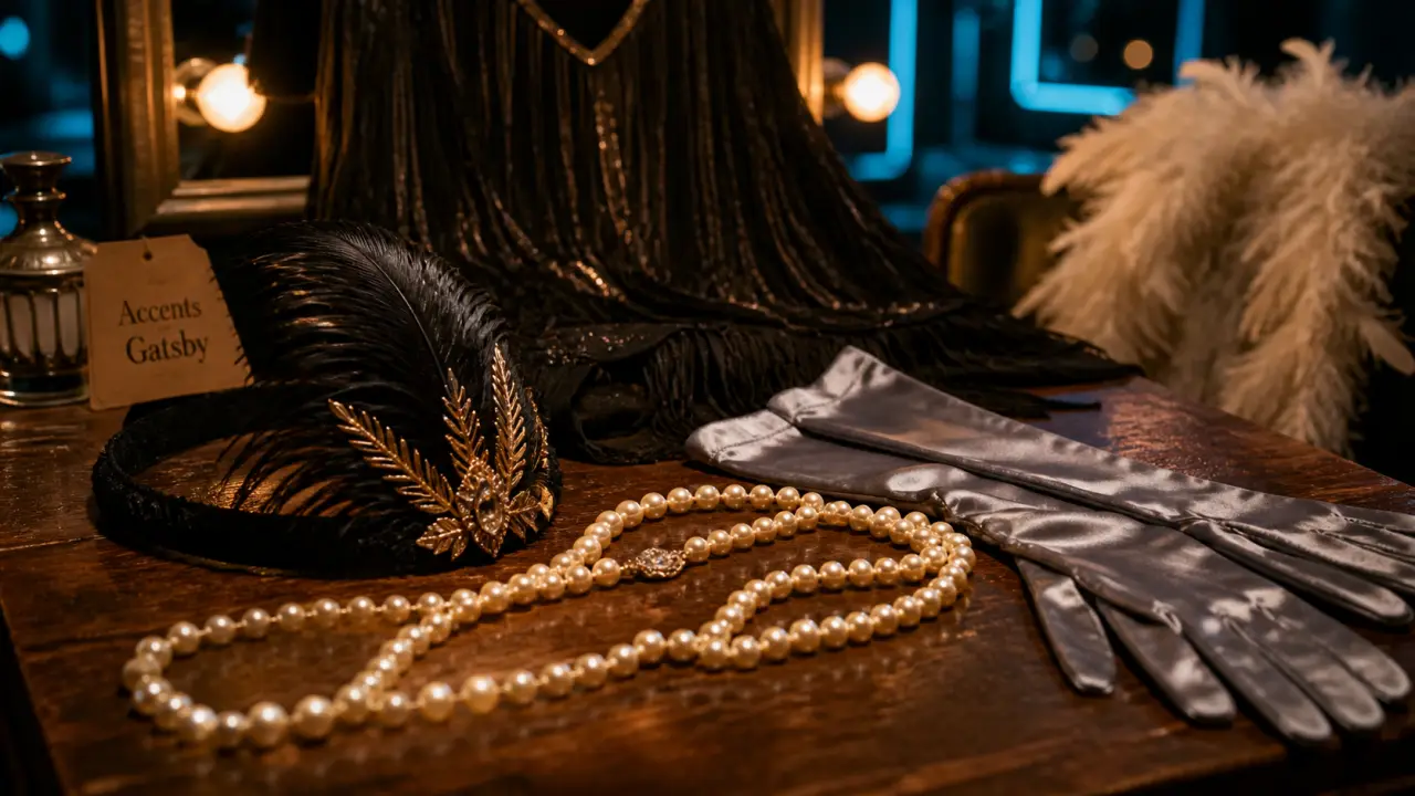 Accessoires gatsby femme : bandeau à plumes, collier de perles et gants satin années 20