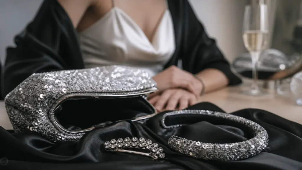 Accessoires paillettes femme : pochette argentée, serre-tête et barrette strass