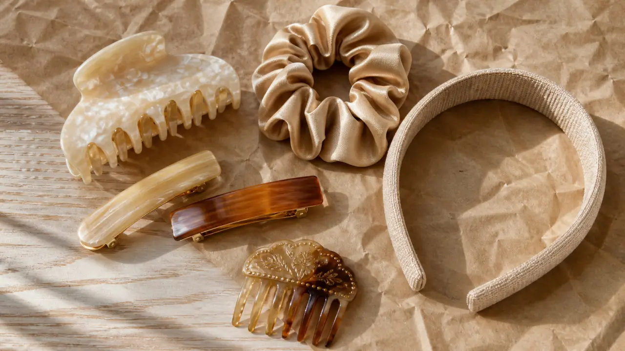 Accessoires pour cheveux : pince crabe, barrettes et chouchou sur table