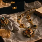 Bijoux Chanel fantaisie vintage : broche et sautoir sur table bois