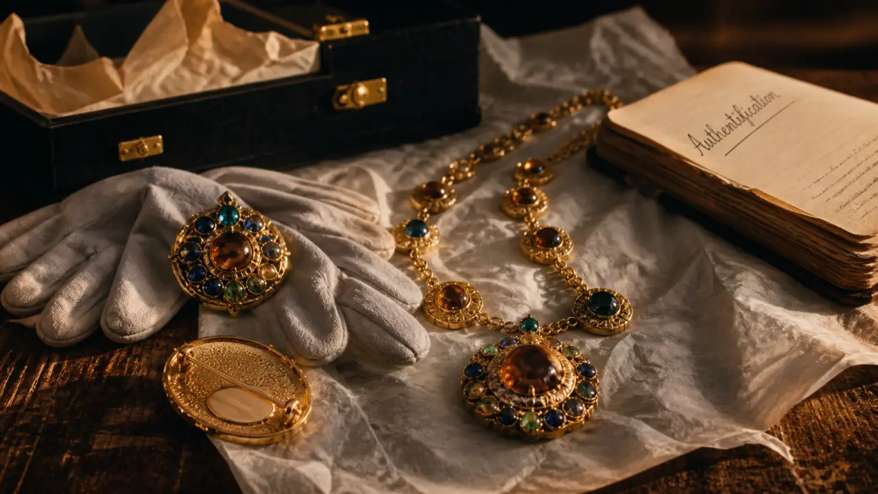 Bijoux Chanel fantaisie vintage : broche et sautoir sur table bois