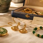 Bijoux fantaisie italien : médaillon émaillé vert, boucles dorées, bracelet perlé sur table bois