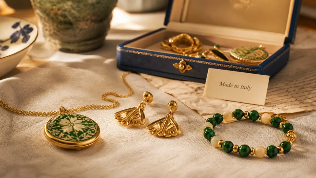 Bijoux fantaisie italien : médaillon émaillé vert, boucles dorées, bracelet perlé sur table bois