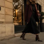 Bottine robe : bottines pointues et talon carré avec robe midi fluide pour allonger la jambe