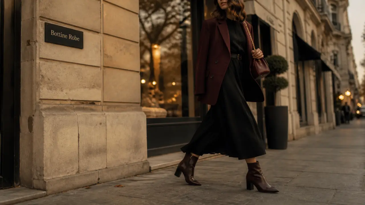 Bottine robe : bottines pointues et talon carré avec robe midi fluide pour allonger la jambe