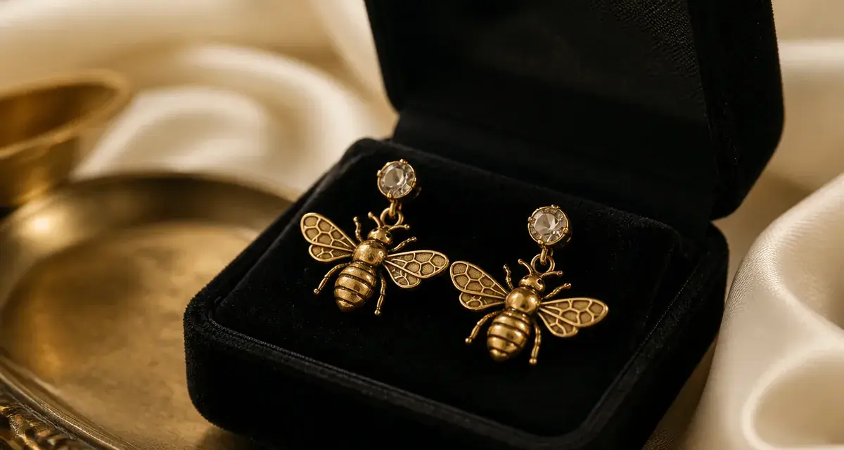 Boucles d oreilles abeilles dorées, gros plan sur écrin velours noir