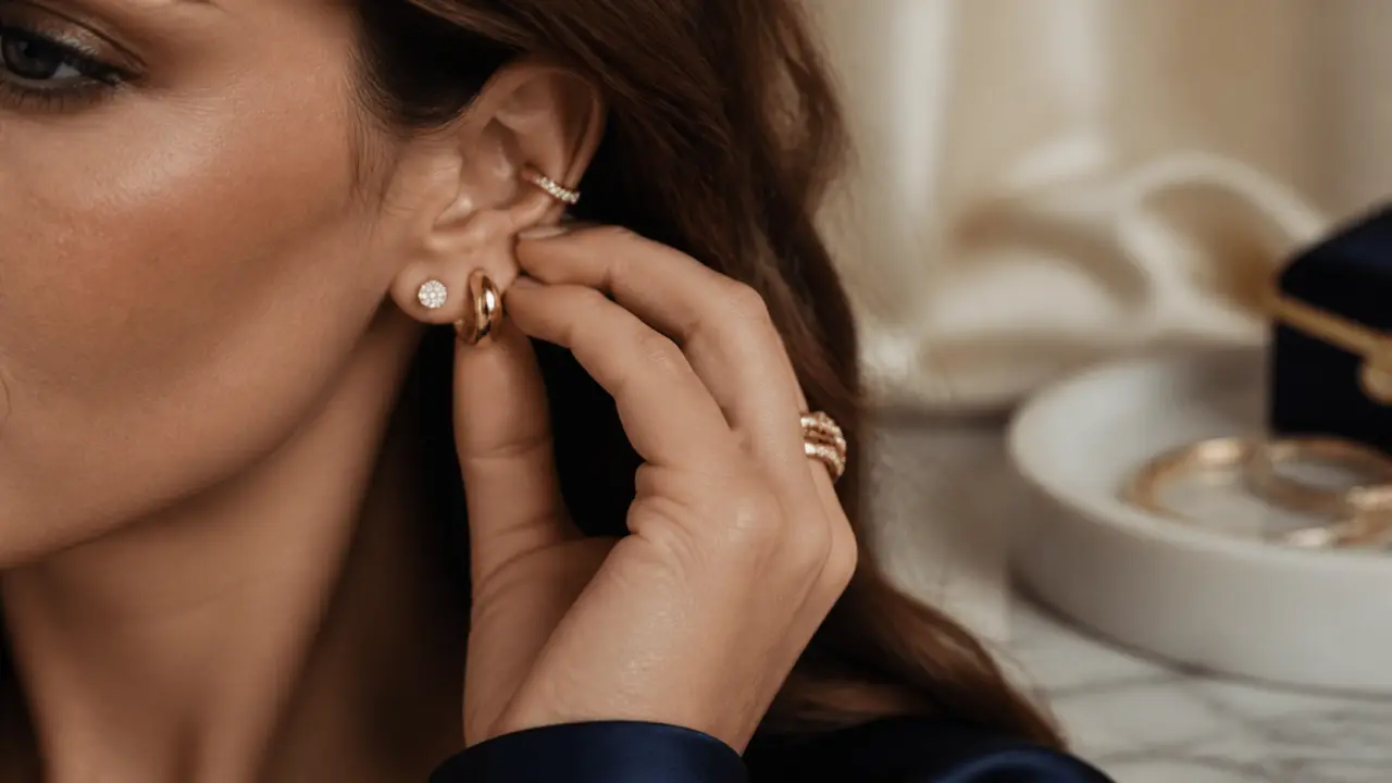Boucles d oreilles apm monaco : clou pavé et ear cuff sur une oreille