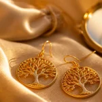 Boucles d oreilles arbre de vie dorées sur tissu lin, idée cadeau