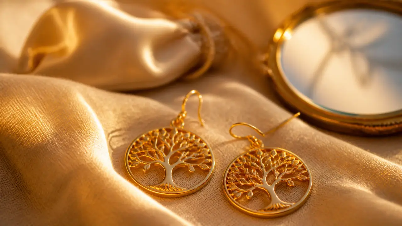 Boucles d oreilles arbre de vie dorées sur tissu lin, idée cadeau