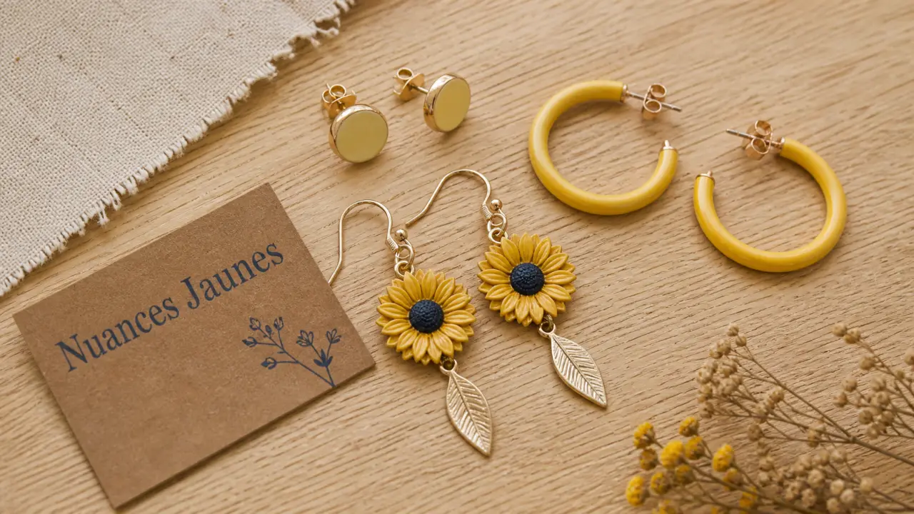 Boucles d oreilles jaunes : clous, créoles et pendantes sur fond bois