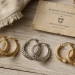 Boucles d oreilles savoyardes : créoles de Savoie en or 18K sur fond bois clair
