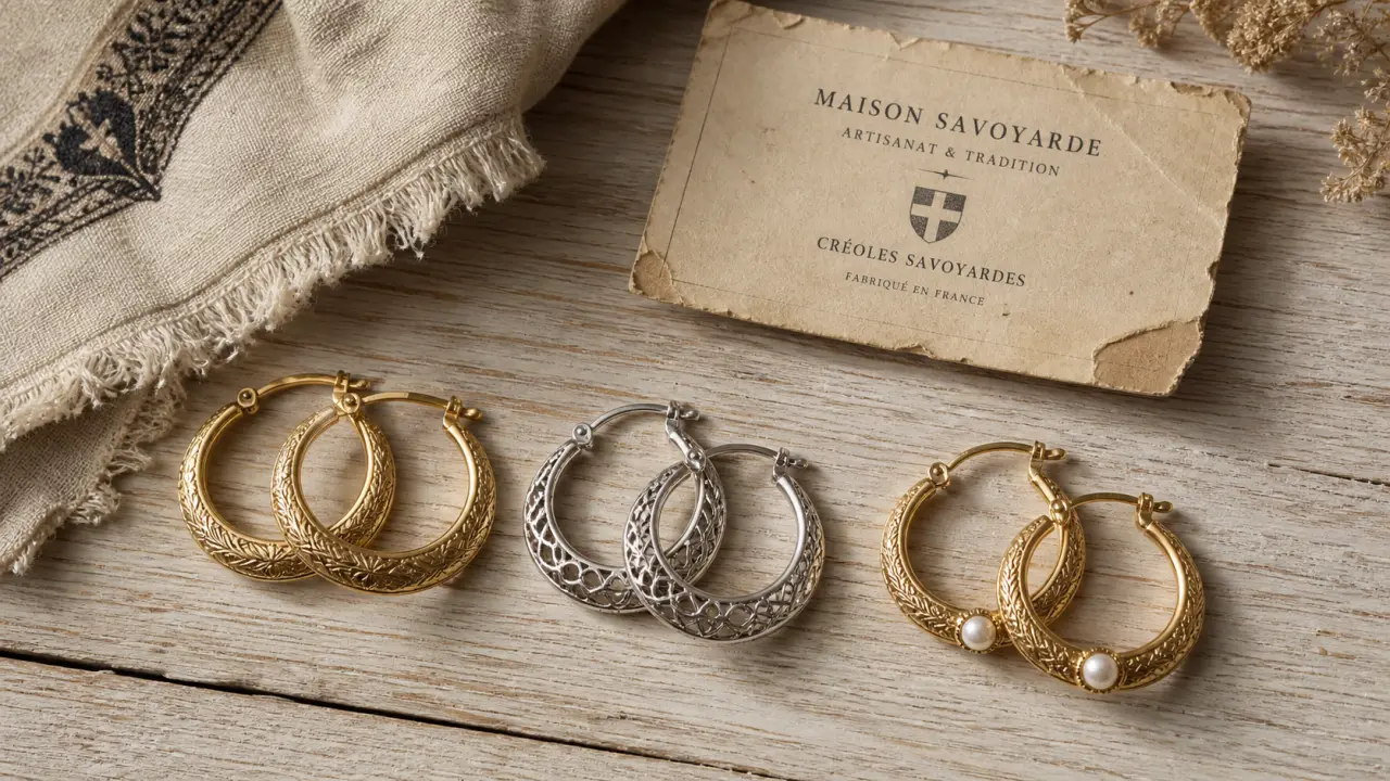 Boucles d oreilles savoyardes : créoles de Savoie en or 18K sur fond bois clair