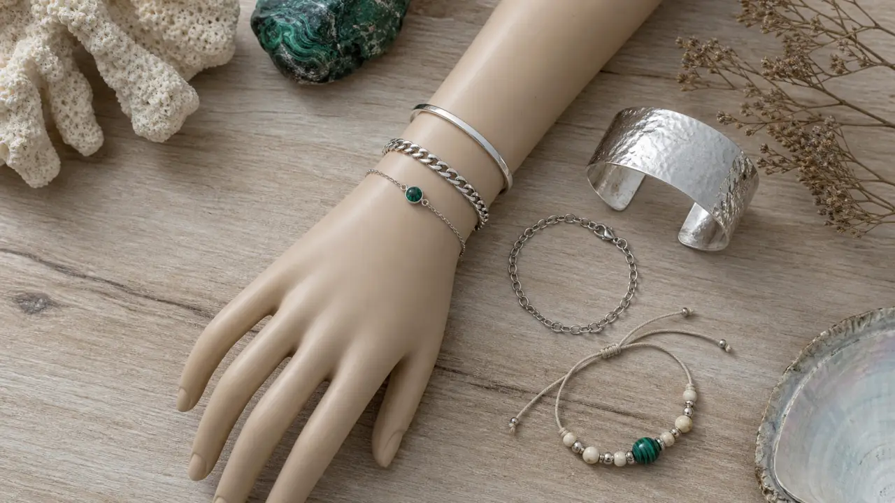 Bracelets femme : jonc, chaîne et manchette sur table