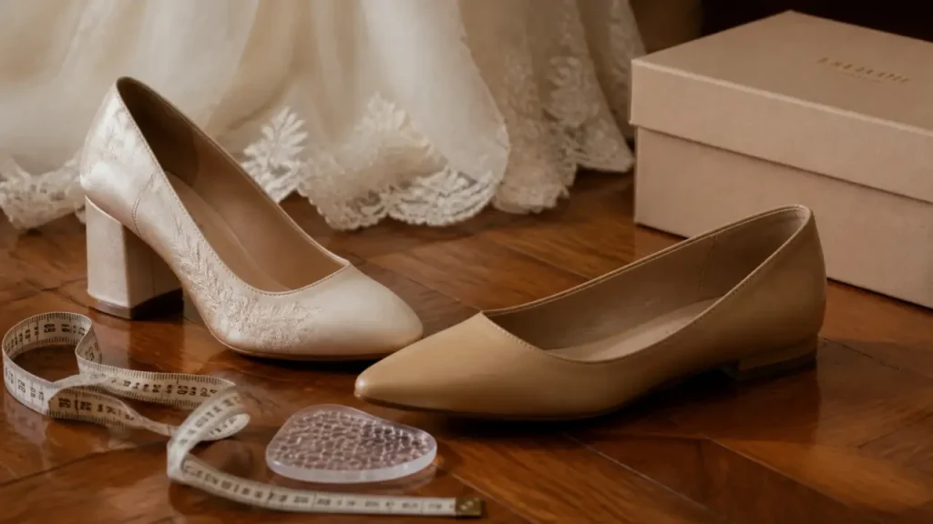 Chaussures de mariage : talon 4 à 7 cm et brides réglables sur parquet