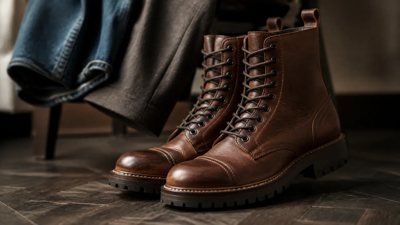 Combat boots homme en cuir, semelle crantée et tige