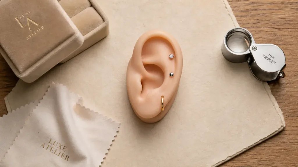 Composition boucles d oreilles 3 trous : mini créoles dorées et puces argent