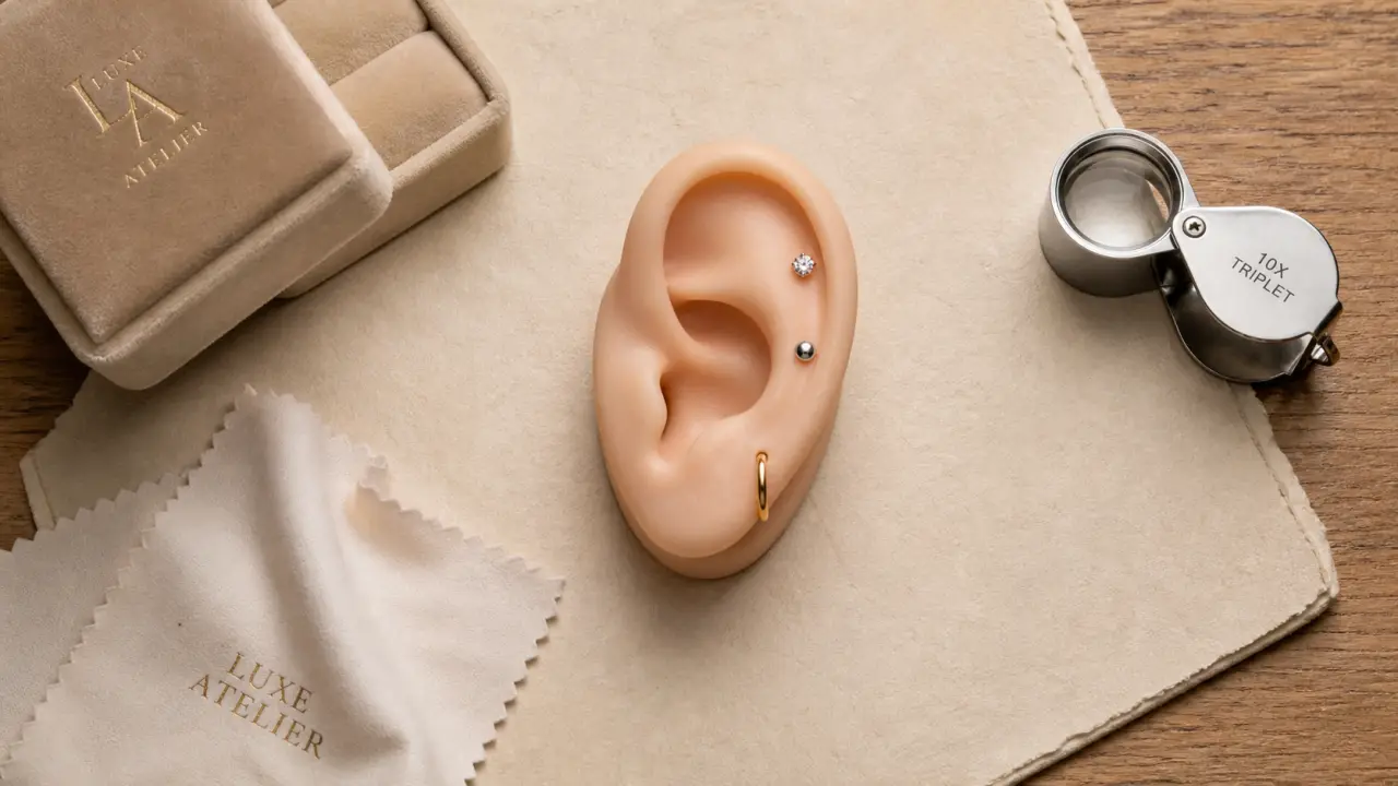 Composition boucles d oreilles 3 trous : mini créoles dorées et puces argent