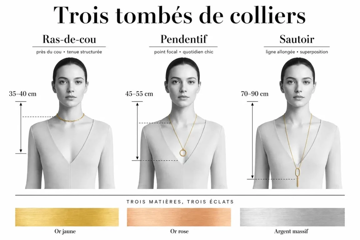 Colliers hermes femme : ras-de-cou, pendentif et sautoir comparés par longueur et matière