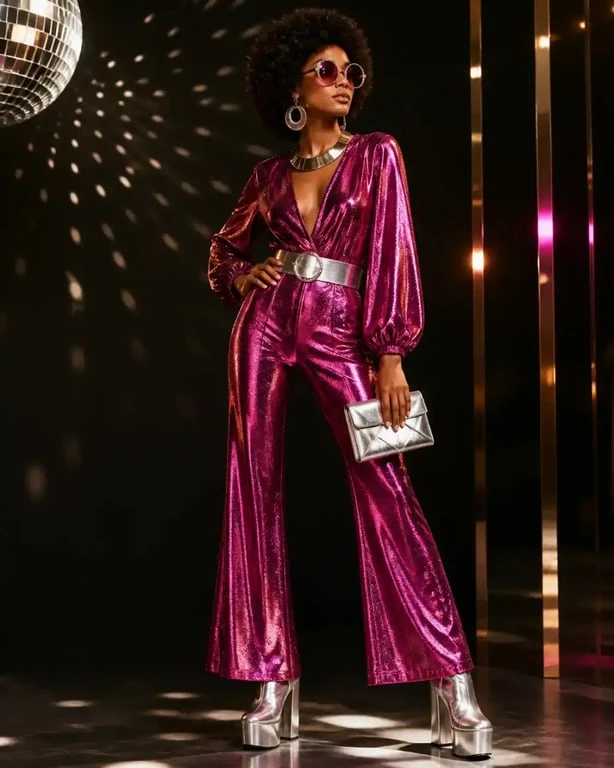 Accessoires disco femme : look de soirée années 70 avec lunettes rondes, bijoux oversize et bottes à plateforme