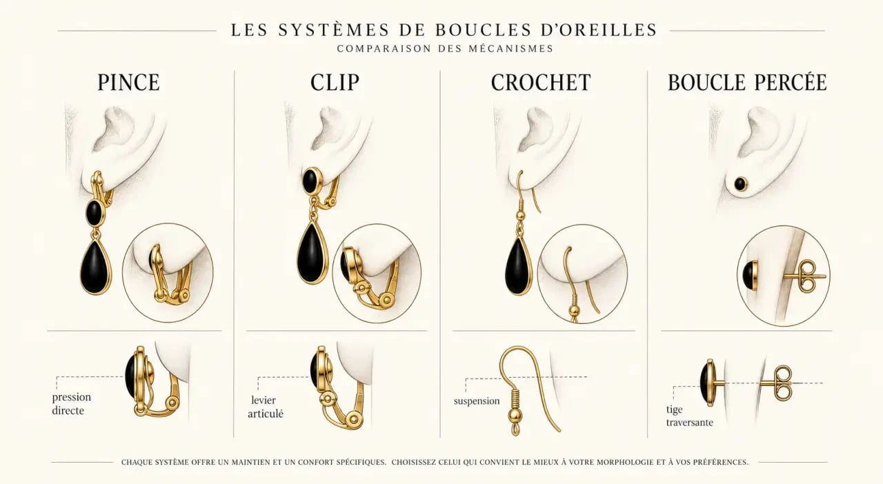 Boucles d’oreilles pince comparées aux clips, crochets et boucles percées