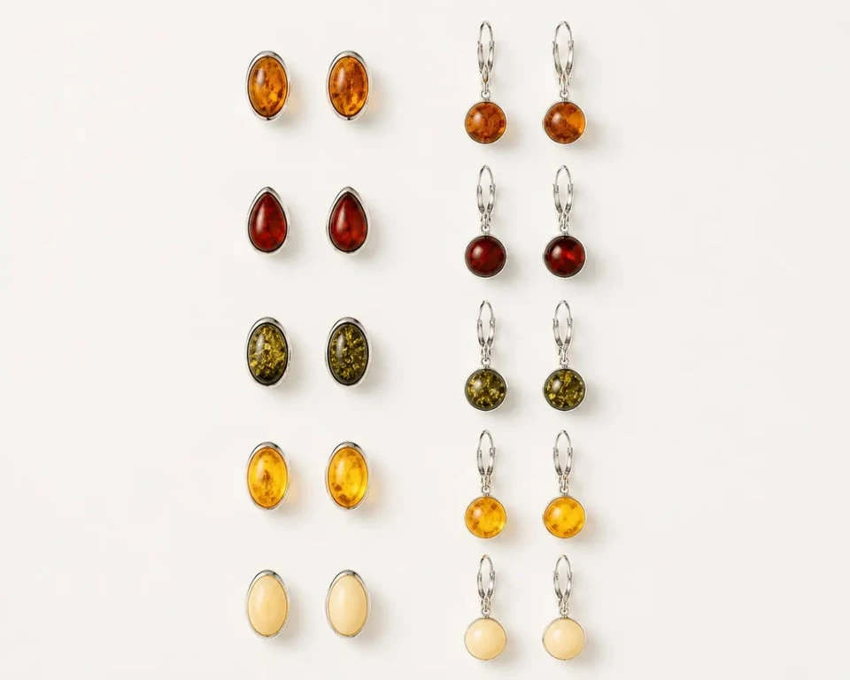Boucles d oreilles ambre montrant les différentes couleurs et montures en argent