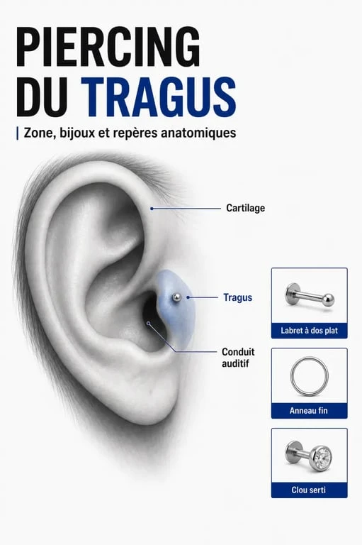 Boucles d oreilles tragus montrant la position du tragus et plusieurs formes de bijoux adaptées