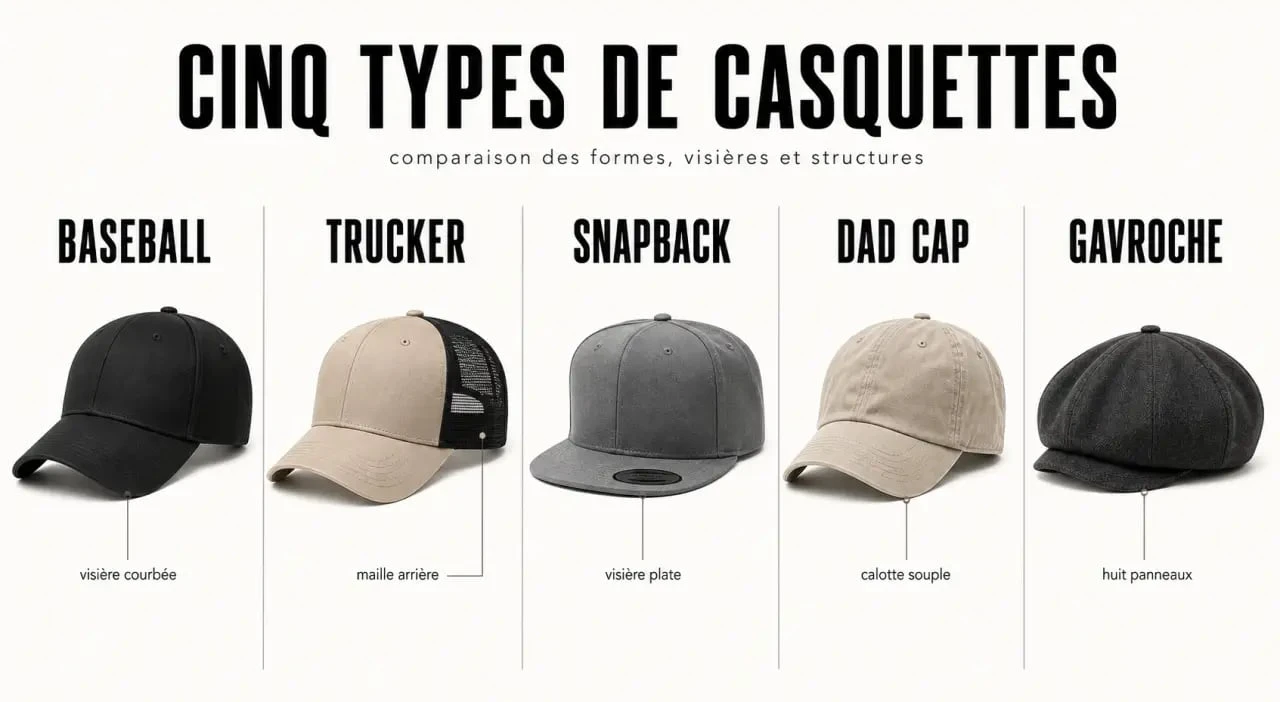 Casquette du moment : comparaison visuelle des modèles baseball, trucker, snapback, dad cap et gavroche