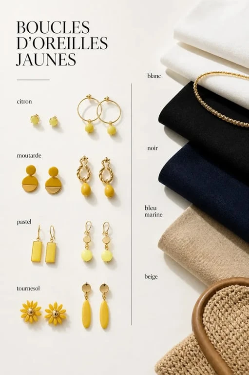Boucles d oreilles jaunes en plusieurs styles et nuances pour comparer les rendus visuels
