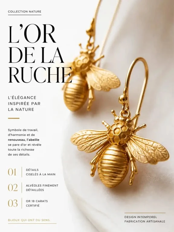 Gros plan détaillé de boucles d'oreilles abeilles en or avec ailes texturées