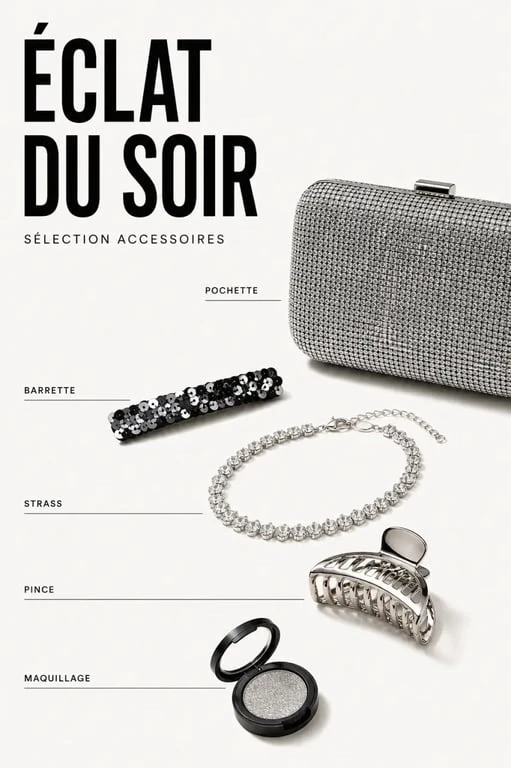 Accessoires paillettes femme présentés en composition éditoriale pour soirée et festival