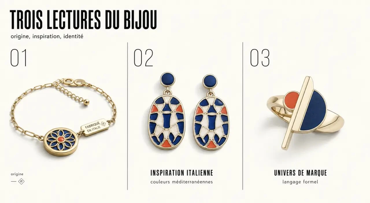 Bijoux fantaisie italien : comparaison visuelle entre fabrication italienne, inspiration italienne et univers de marque