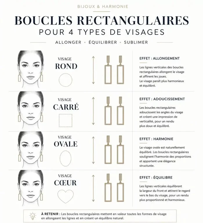 Infographie montrant comment choisir des boucles d'oreilles rectangulaires selon la forme de son visage