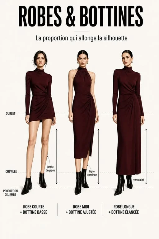Association bottine robe : trois silhouettes de robes courte, midi et longue avec bottines adaptées à la silhouette
