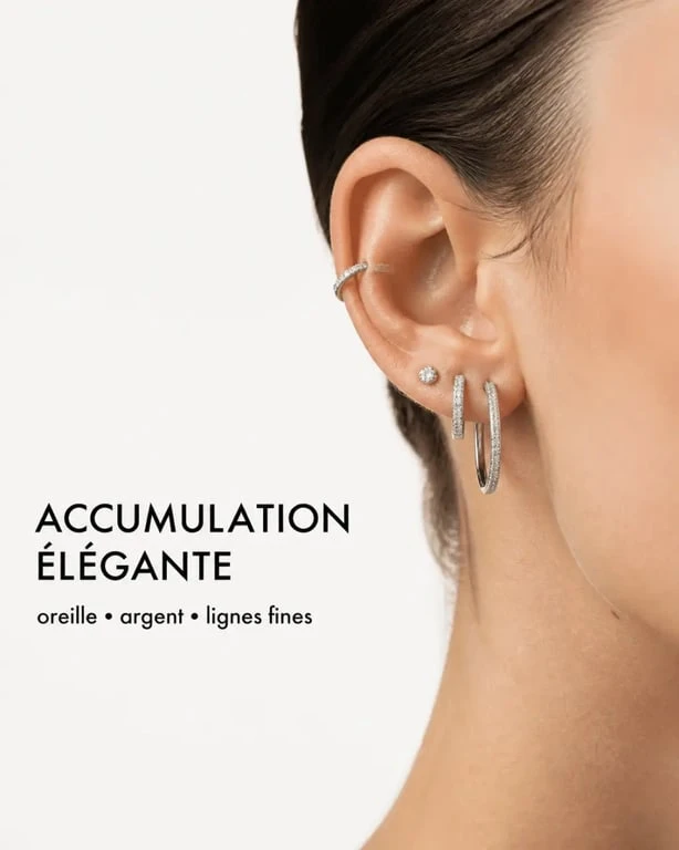 Boucles d oreilles apm monaco portées en accumulation sur une oreille dans un style éditorial élégant