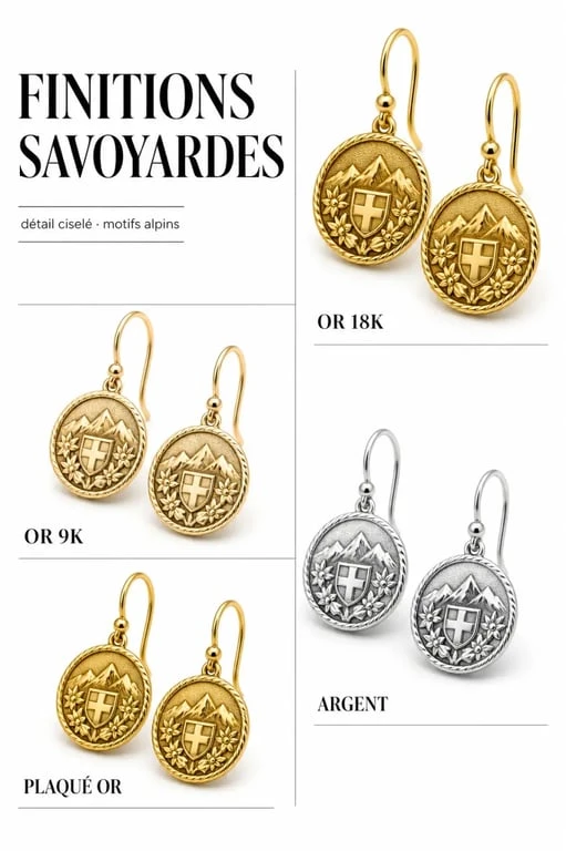 Boucles d oreilles savoyardes en or, argent et plaqué or montrant les différences de matières et de ciselé